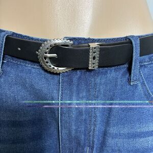 Silver and Black Belt Womens Sz S Y2K Embellished Engraved Buckle Adjustable